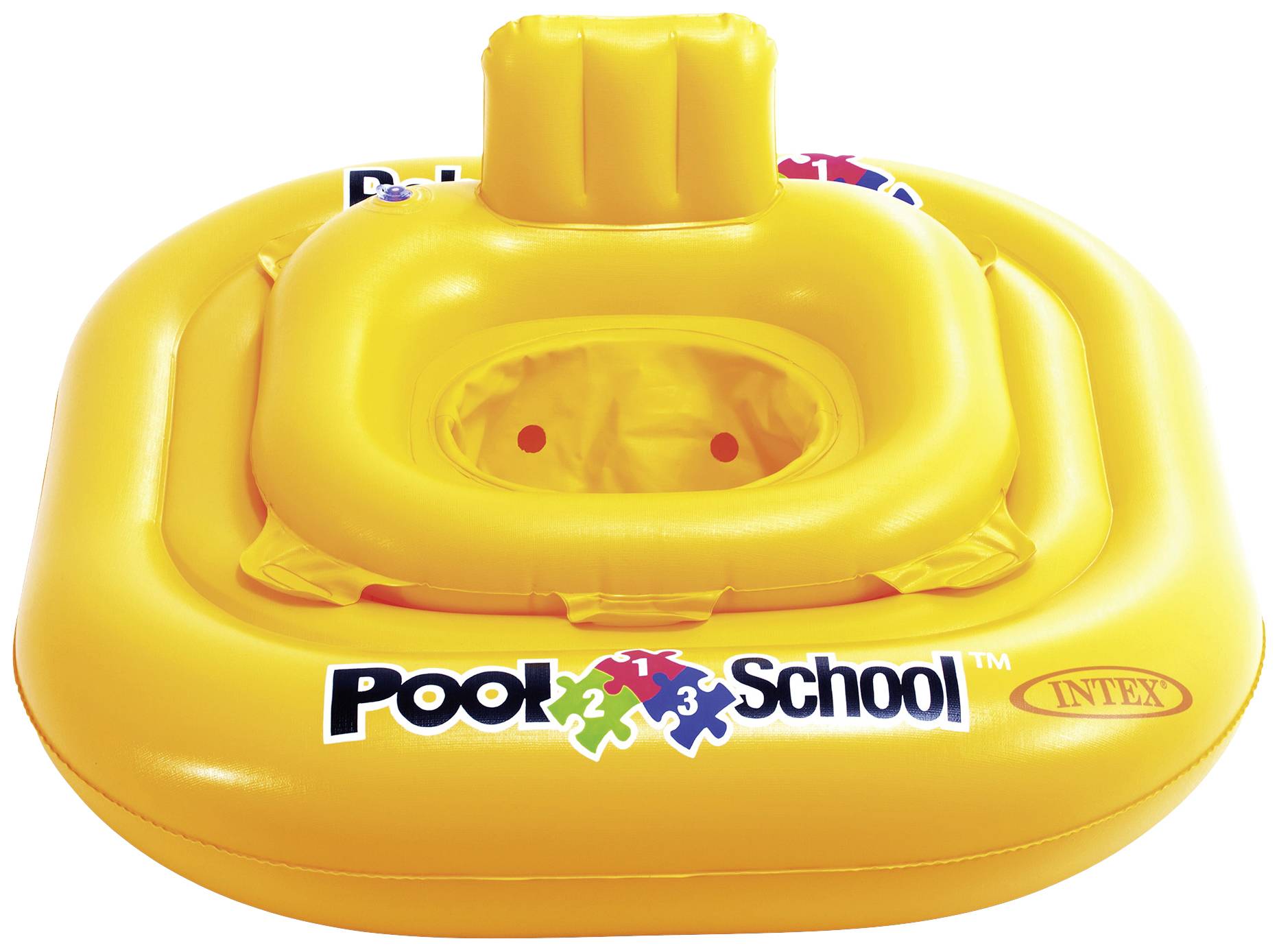 Nafukovací žlutá plavecká pomůcka pro děti s nápisem 'Pool School'. Má sedátko a poskytuje bezpečnost při plavání.