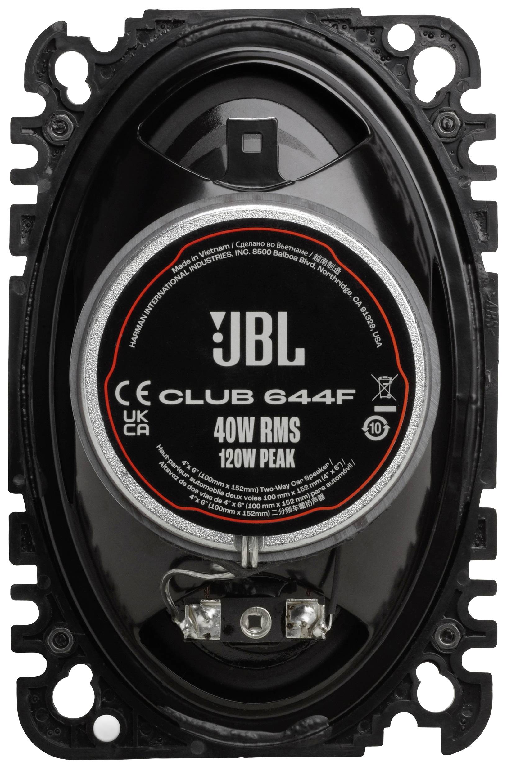 Černobílý reproduktor s nápisem 'JBL CLUB 644F'. Výkon: 40W RMS, 120W Peak. Šroubové svorky dole.