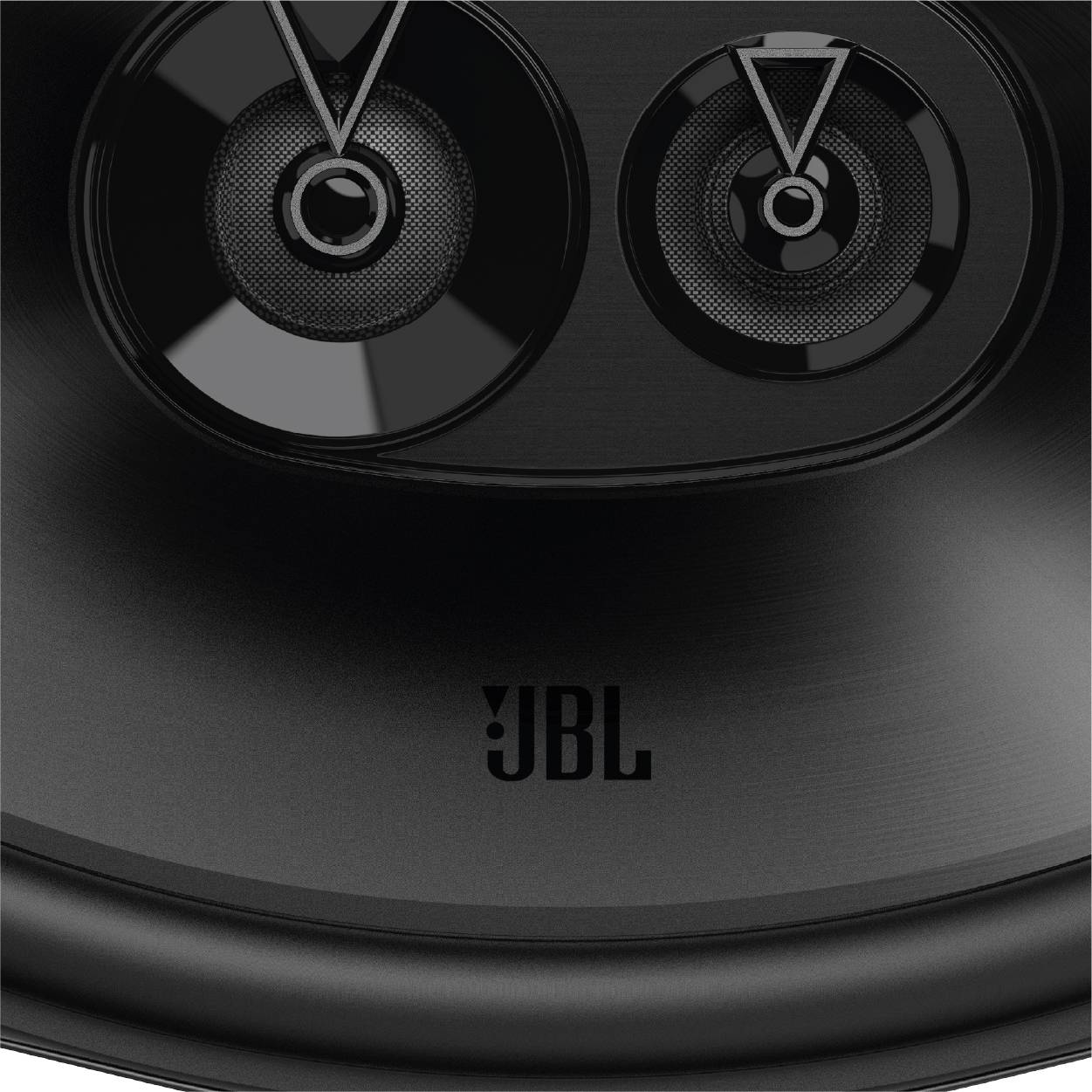 Detailní záběr černého reproduktoru se dvěma membránami. Logo 'JBL' je viditelné. Prémiové audiovybavení.