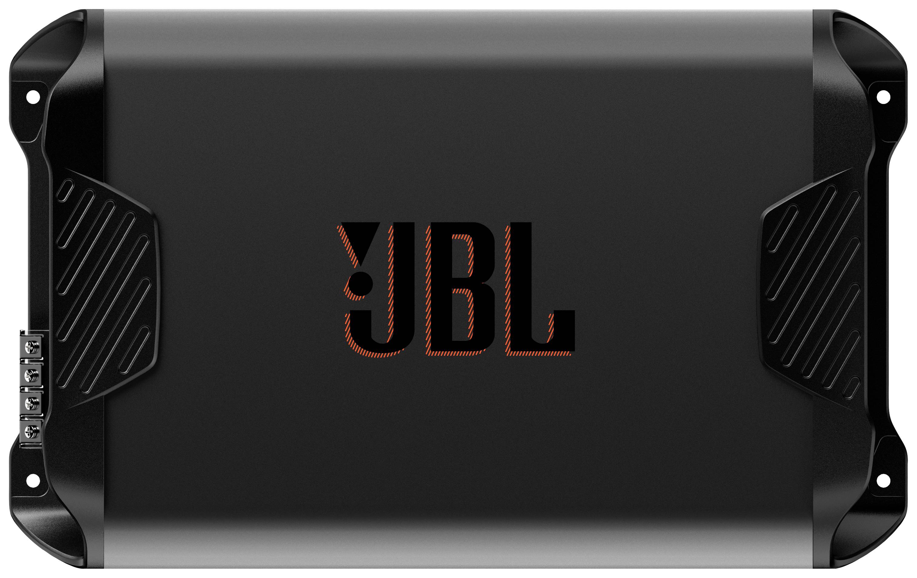Černý JBL zesilovač s oranžovým logem uprostřed.