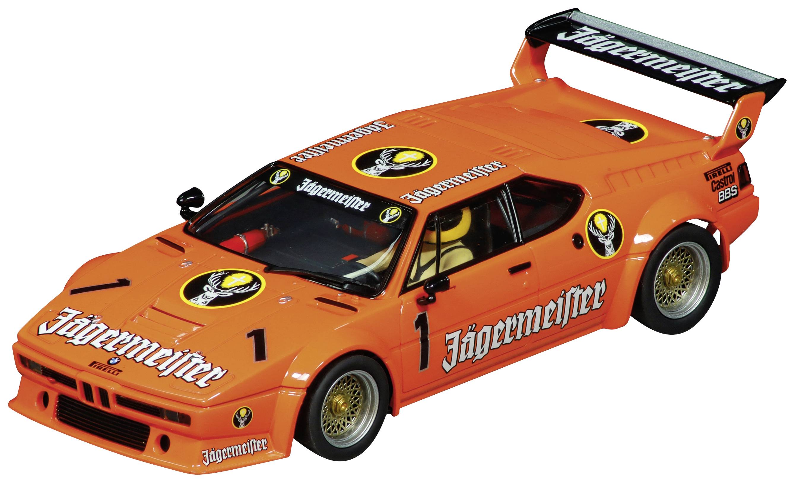Oranžové modelové auto ve stylu závodního vozu s logy Jägermeister a zadním křídlem.