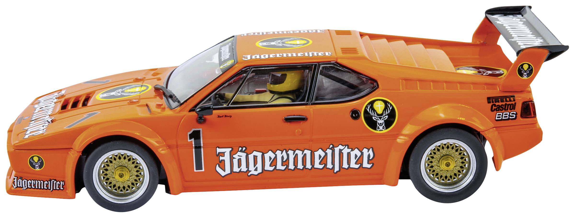 Oranžový model závodního vozu s nápisem 'Jägermeister' a číslem 1 na boku. Automobil má velkou zadní křídlo.