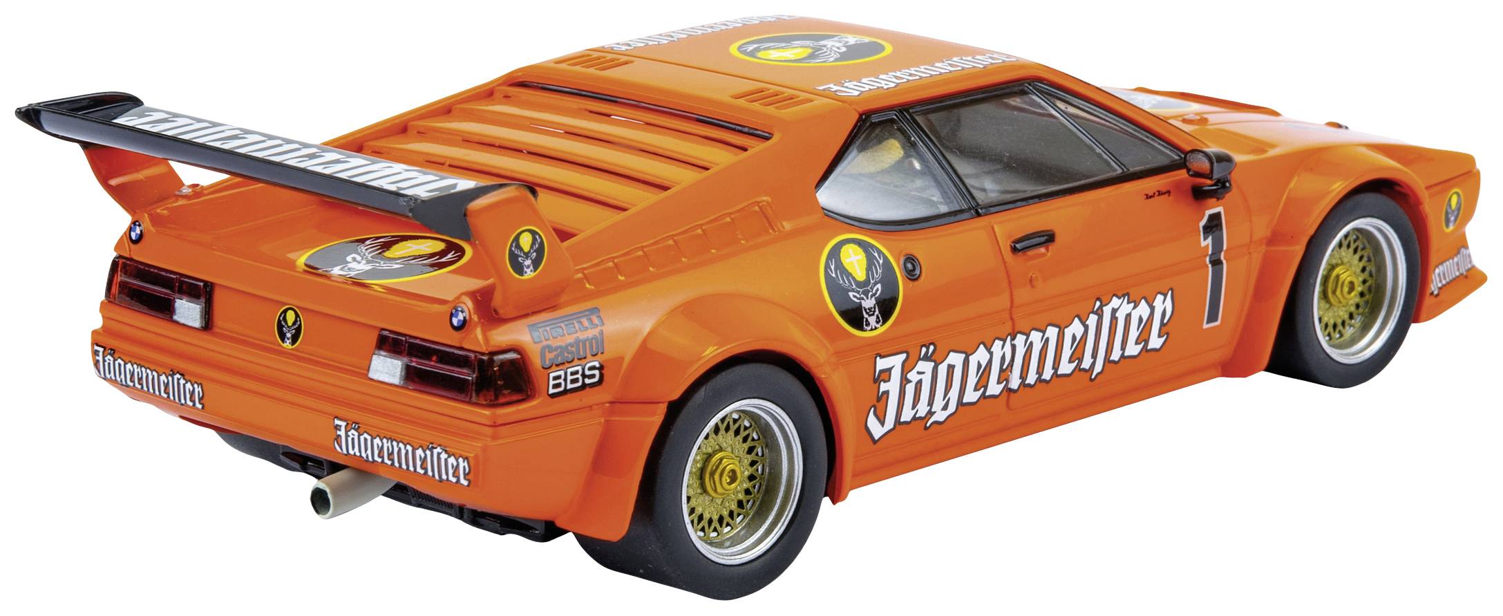 Oranžové hračkové autíčko ve stylu závodního vozu s nálepkami 'Jägermeister' a velkým zadním křídlem. Klasický design a precizně propracované detaily.