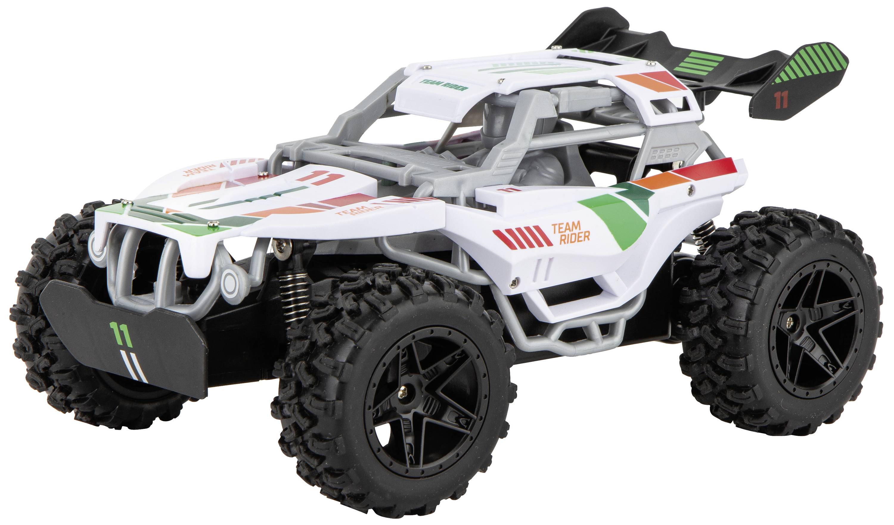 Bílo-červené hračkové auto s velkými černými pneumatikami a nápisem 'Team Rider'. Má sportovní design.