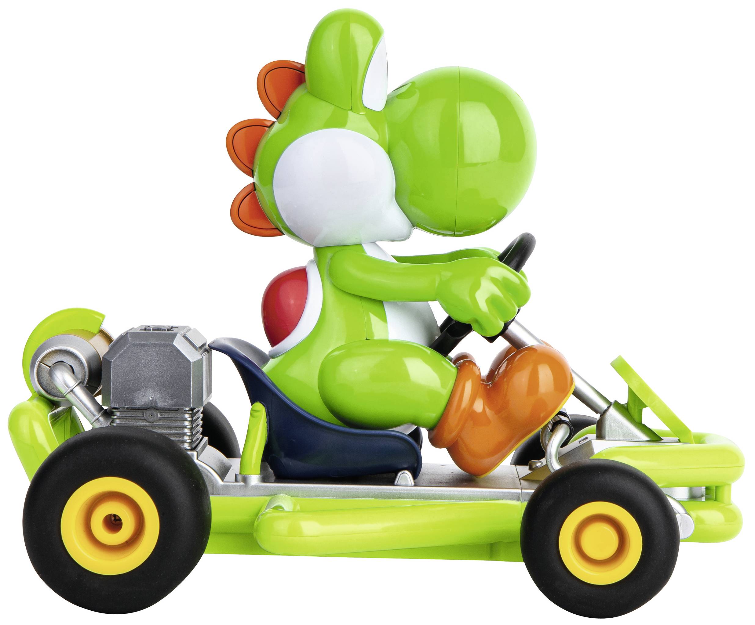 Model hračky zeleného animovaného charakteru v motokáře. Postava má oranžové boty a červené ostny na zádech.