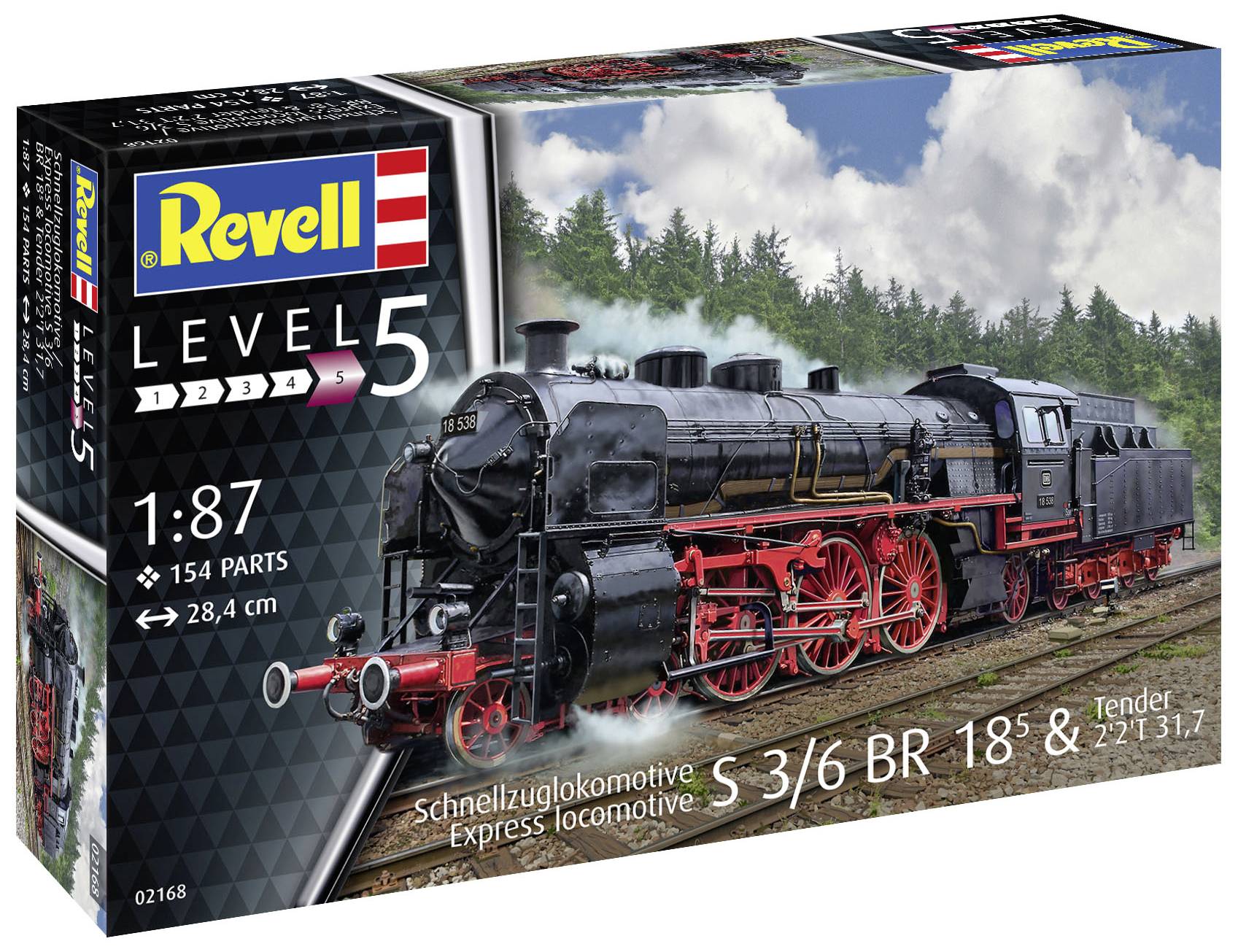 Obal modelu Revell: Rychlíková parní lokomotiva S 3/6 BR 18 s tendrem, měřítko 1:87, 154 dílů.
