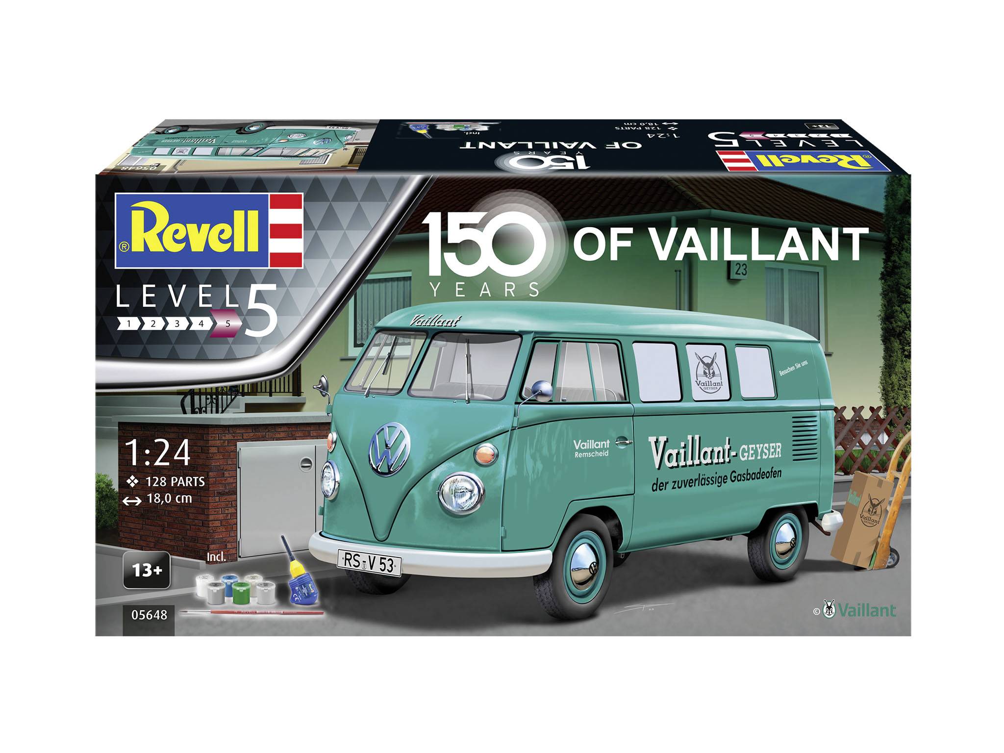 Stavebnice zeleného VW transportéru s nápisem 'Vaillant', měřítko 1:24, edice k 150. výročí, 128 dílů.