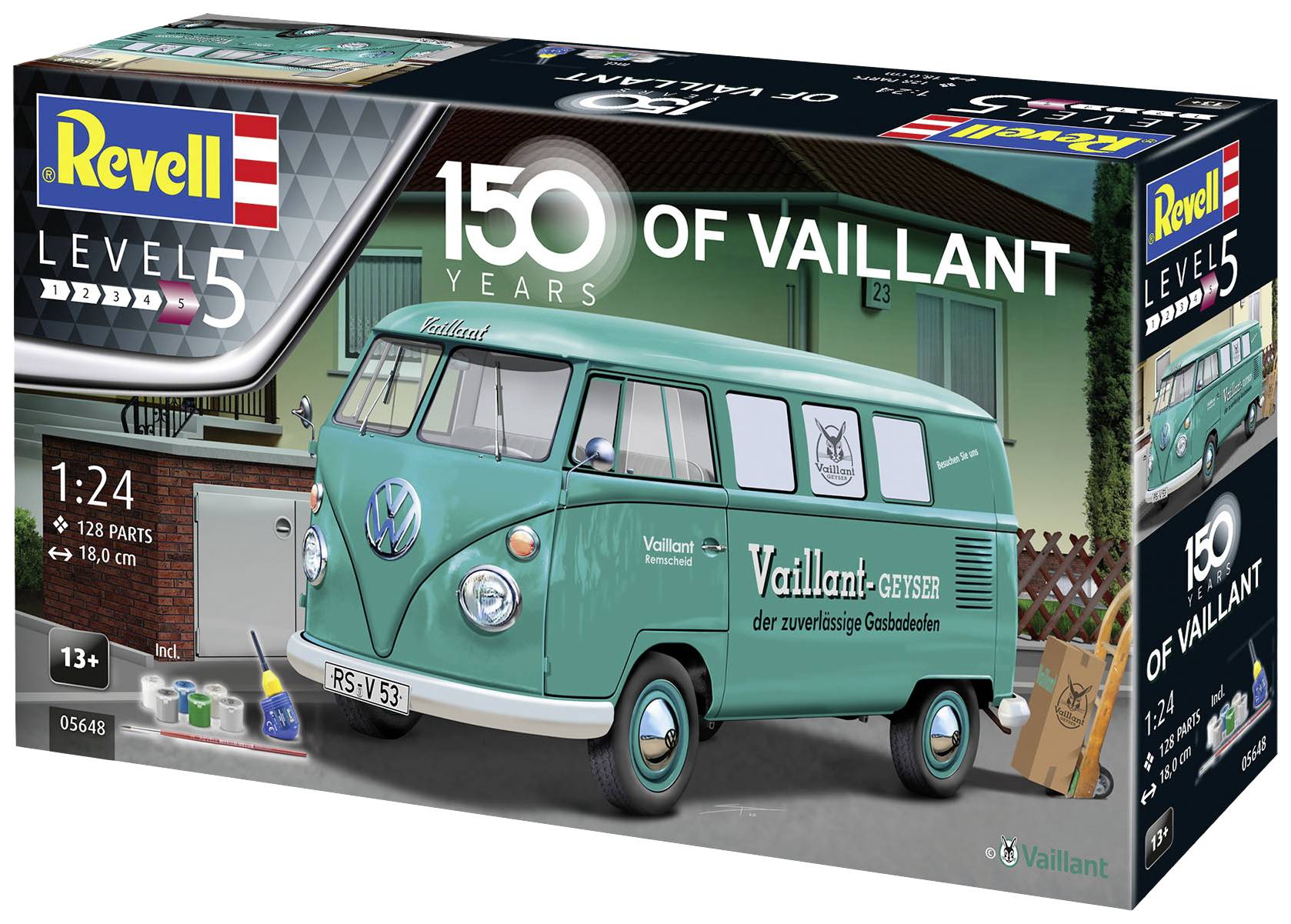 Modelářská sada Revell VW autobusu v tyrkysové barvě v měřítku 1:24, věnovaná 150. výročí společnosti Vaillant. Obsahuje 128 dílů pro věkovou kategorii 13+.
