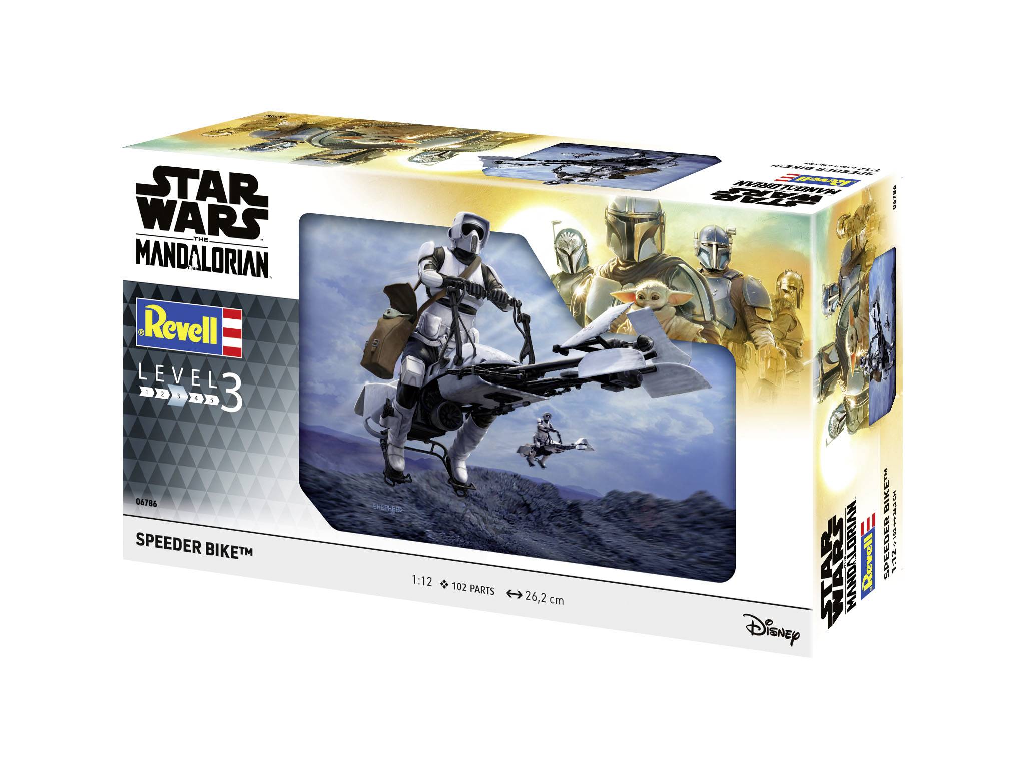 Stavebnice modelu 'Star Wars Mandalorian' Speeder Bike od firmy Revell, úroveň 3, zobrazuje Mandalorijce na motocyklech v pouštním prostředí.
