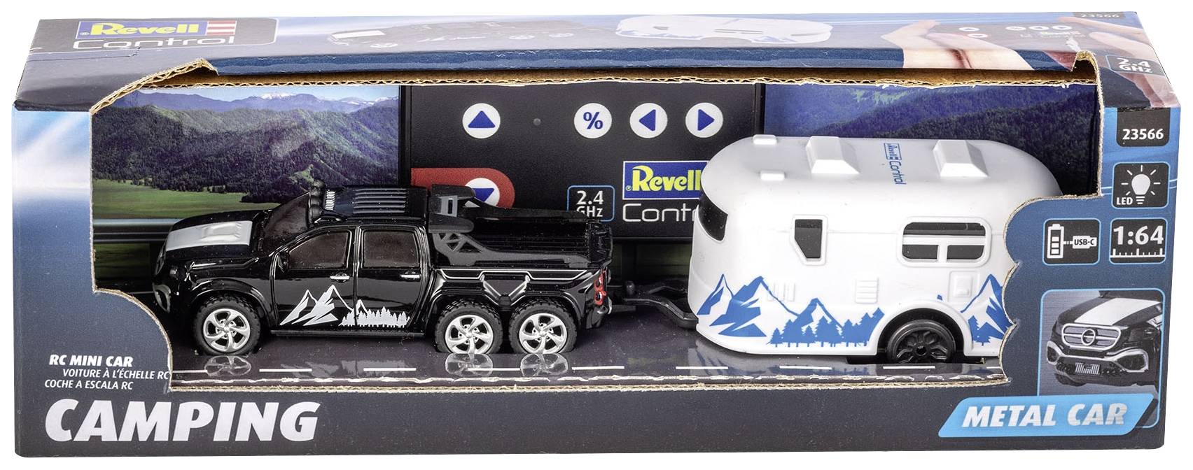 Sada modelů 'Revell Control' s černým pickupem a bílým karavanem s modrými horami v měřítku 1:64, balení.