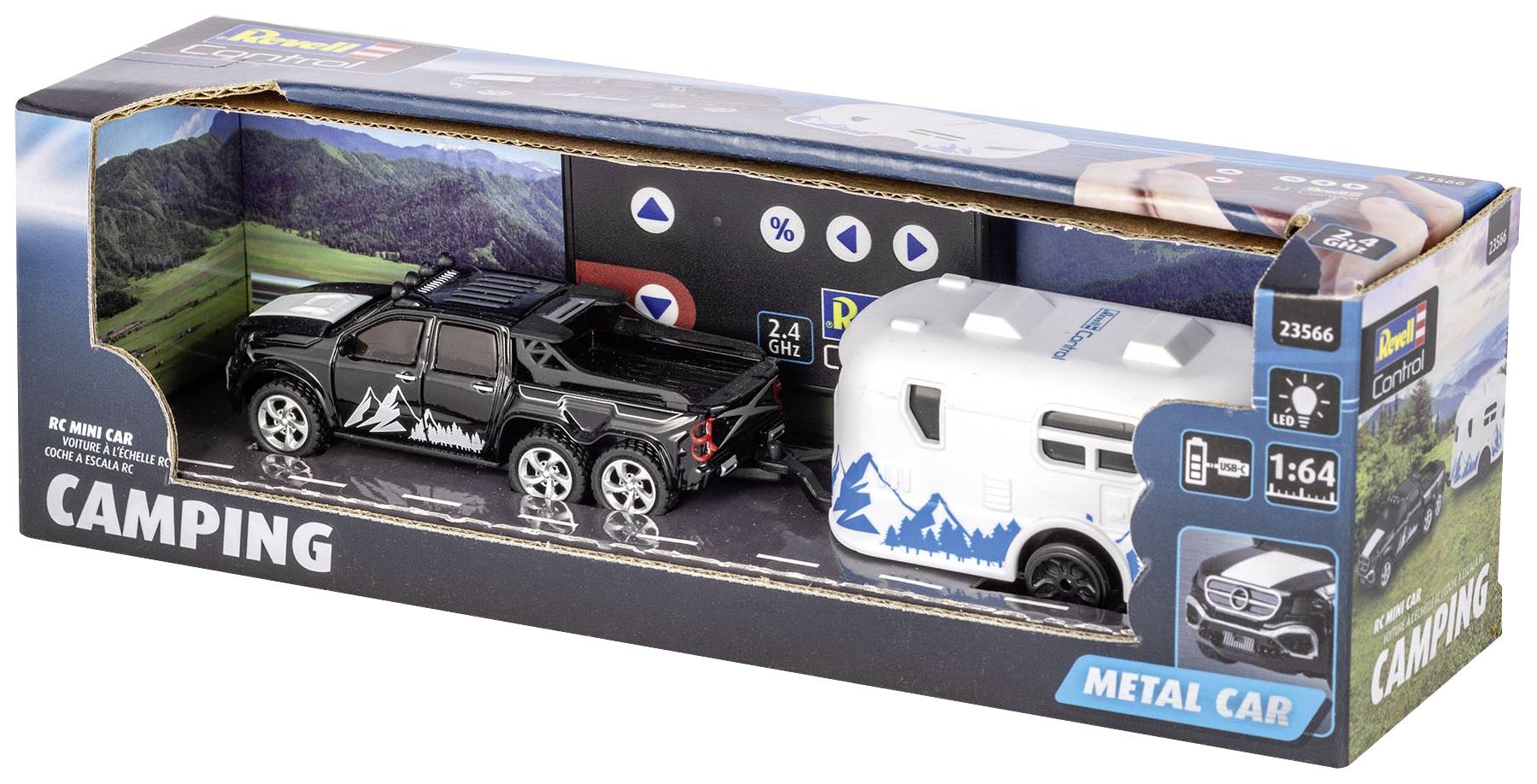 Hračkářská sada 'RC Mini Car Camping' s černým hračkářským autem a bílým obytným přívěsem. Obal zobrazuje horskou krajinu.