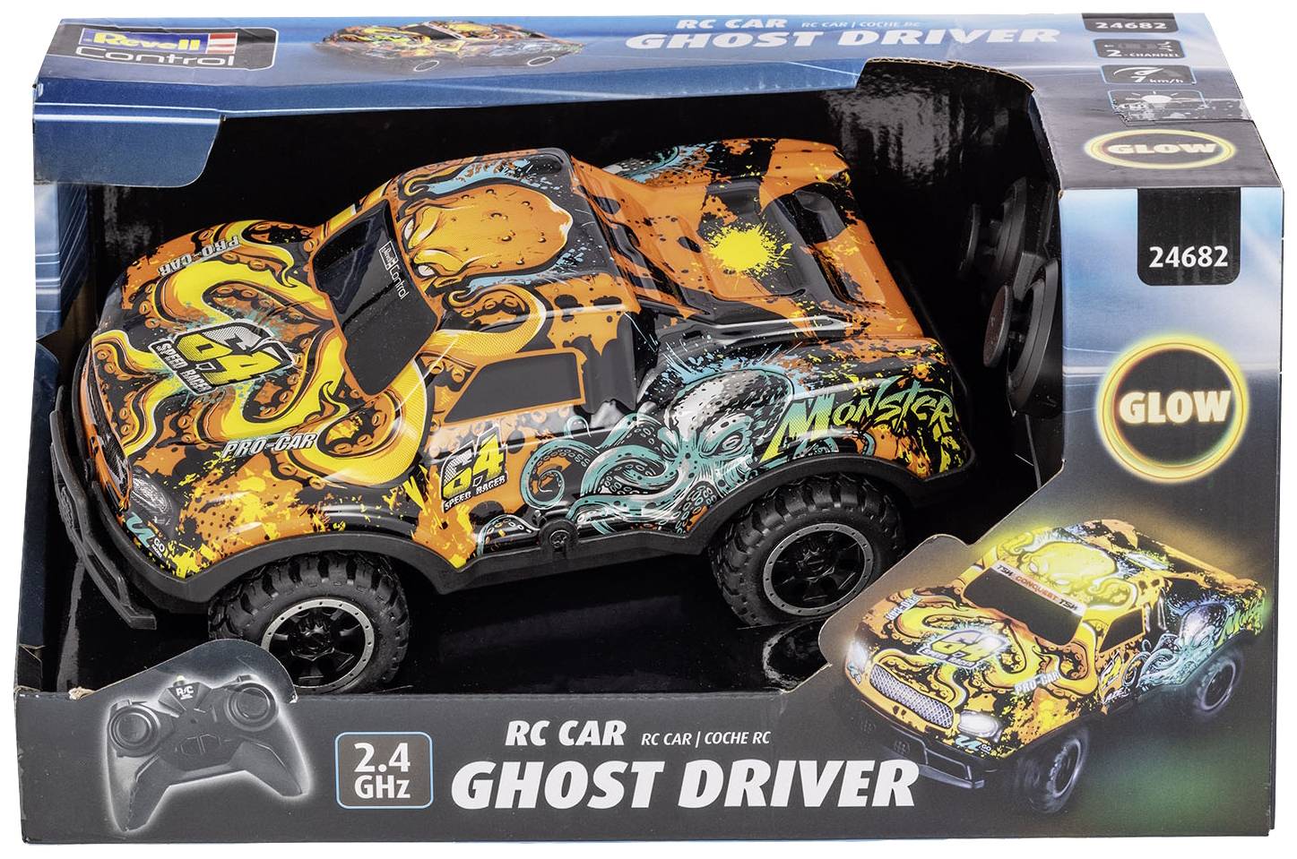 Dálkově ovládané auto v obalu s nápadným, barevným designem a nápisem 'Ghost Driver' a 'Glow'.