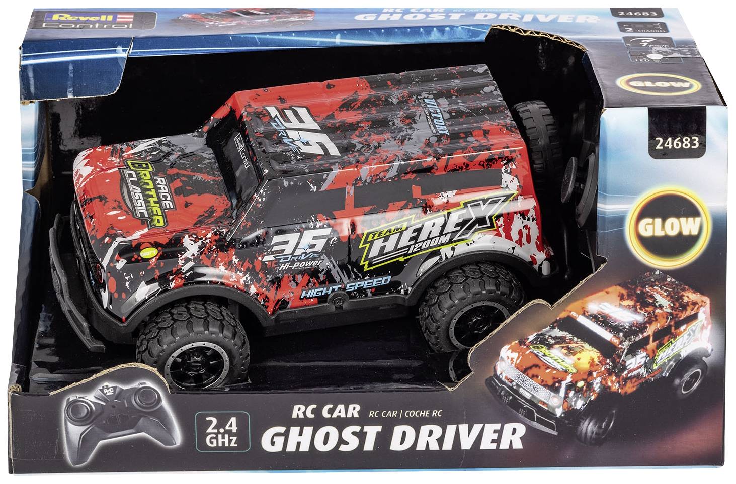 Hračka autíčko 'Ghost Driver', na dálkové ovládání, 35 km/h, červeno-černý design, balení zobrazuje auto s dálkovým ovladačem, 2,4 GHz.