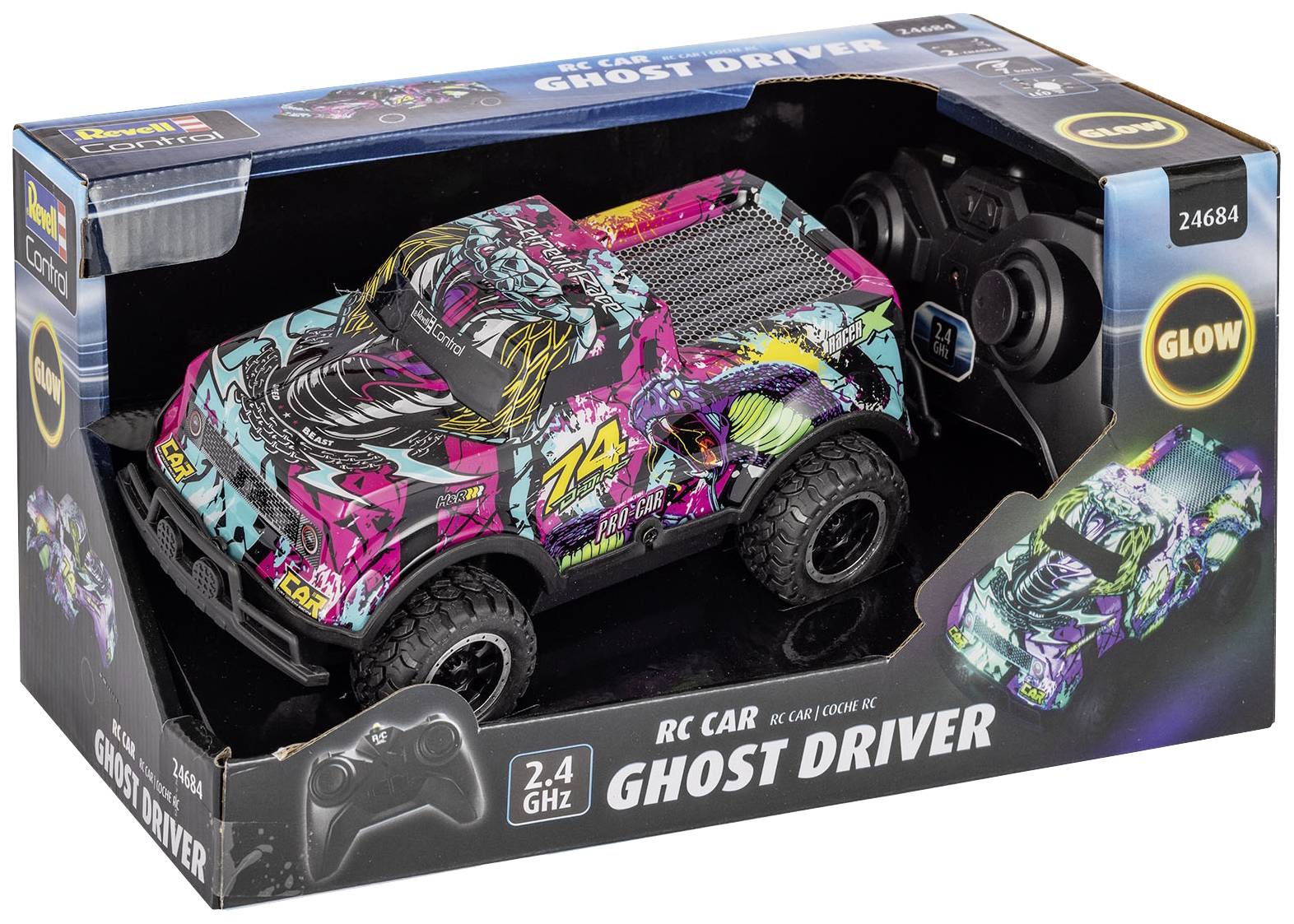 Hračka autíčko 'Ghost Driver' s barevným designem v obalu. Obsahuje dálkové ovládání 2,4 GHz. Číslo modelu 24684.