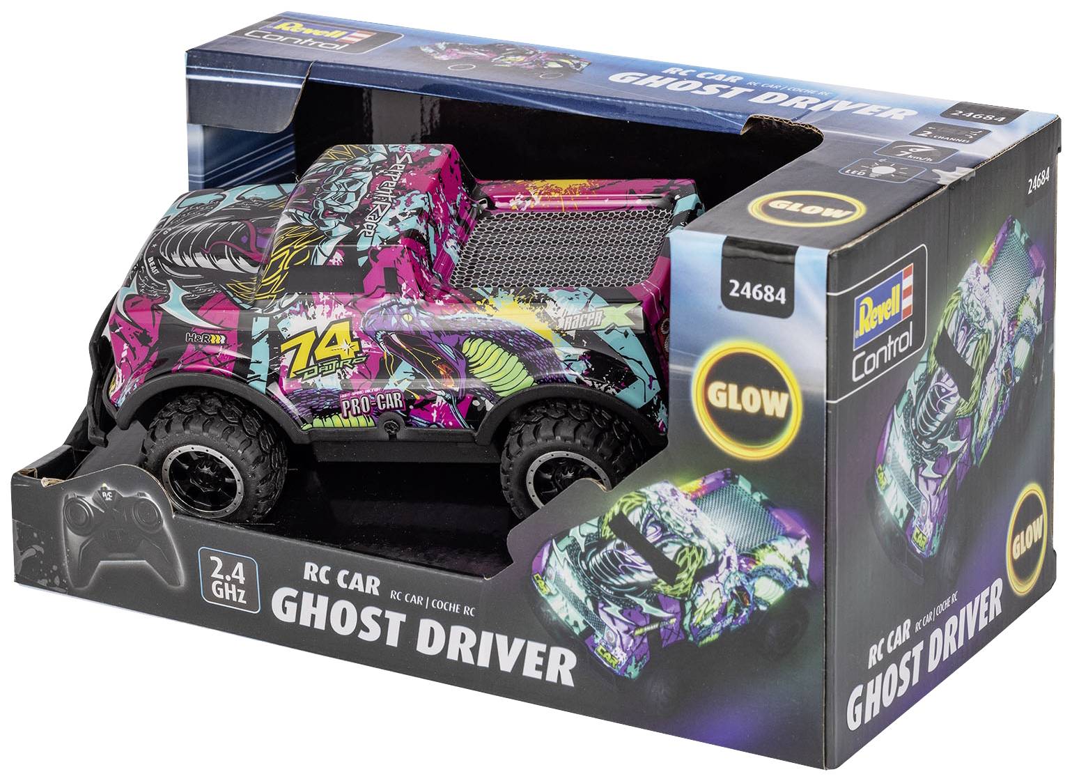 RC-auto 'Ghost Driver' s dekorativním, barevným designem, ovládané rádiem s frekvencí 2,4 GHz, balené v kartonu. Hračka automobil se světelnou funkcí.