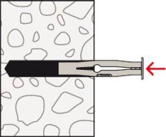 Znázornění hmoždinky ve zdi, která se rozepíná otáčením šroubu, aby poskytla pevný záchyt. Červený šipka ukazuje směr tahu.