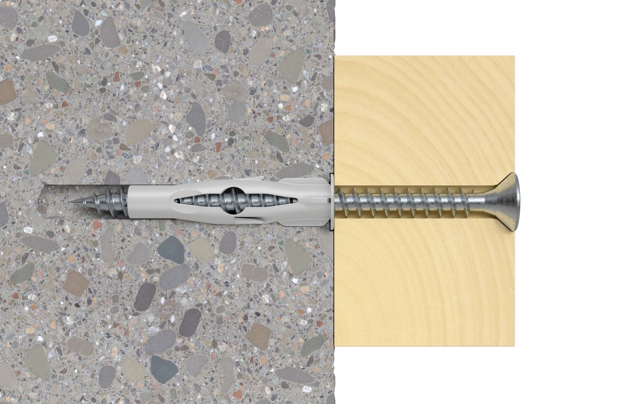 Obrázek hmoždinky v betonové stěně, připojené k dřevěné desce. Hmoždinka je hluboko zasazena do betonového materiálu.