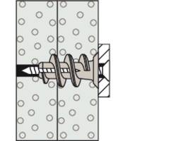 Diagram upevnění na stěnu s hmoždinkou a šroubem, které spojují dvě desky. Vlevo je znázorněna nepřerušená čára.
