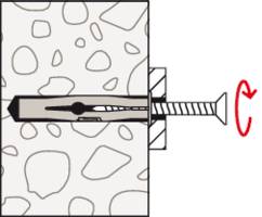 Diagram znázorňuje šroub, který je zašroubován do stěny s hmoždinkou. Hmoždinka se roztahuje a pevně drží ve stěně.