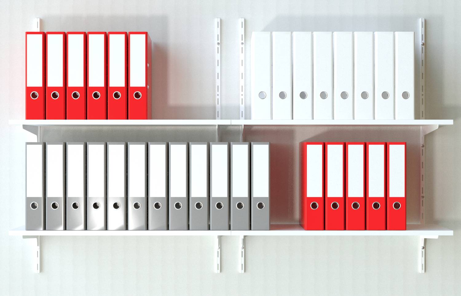 Dva regály s červenými a bílými šanony, částečně umístěnými svisle a částečně vodorovně, symbolizují organizaci a systematičnost.