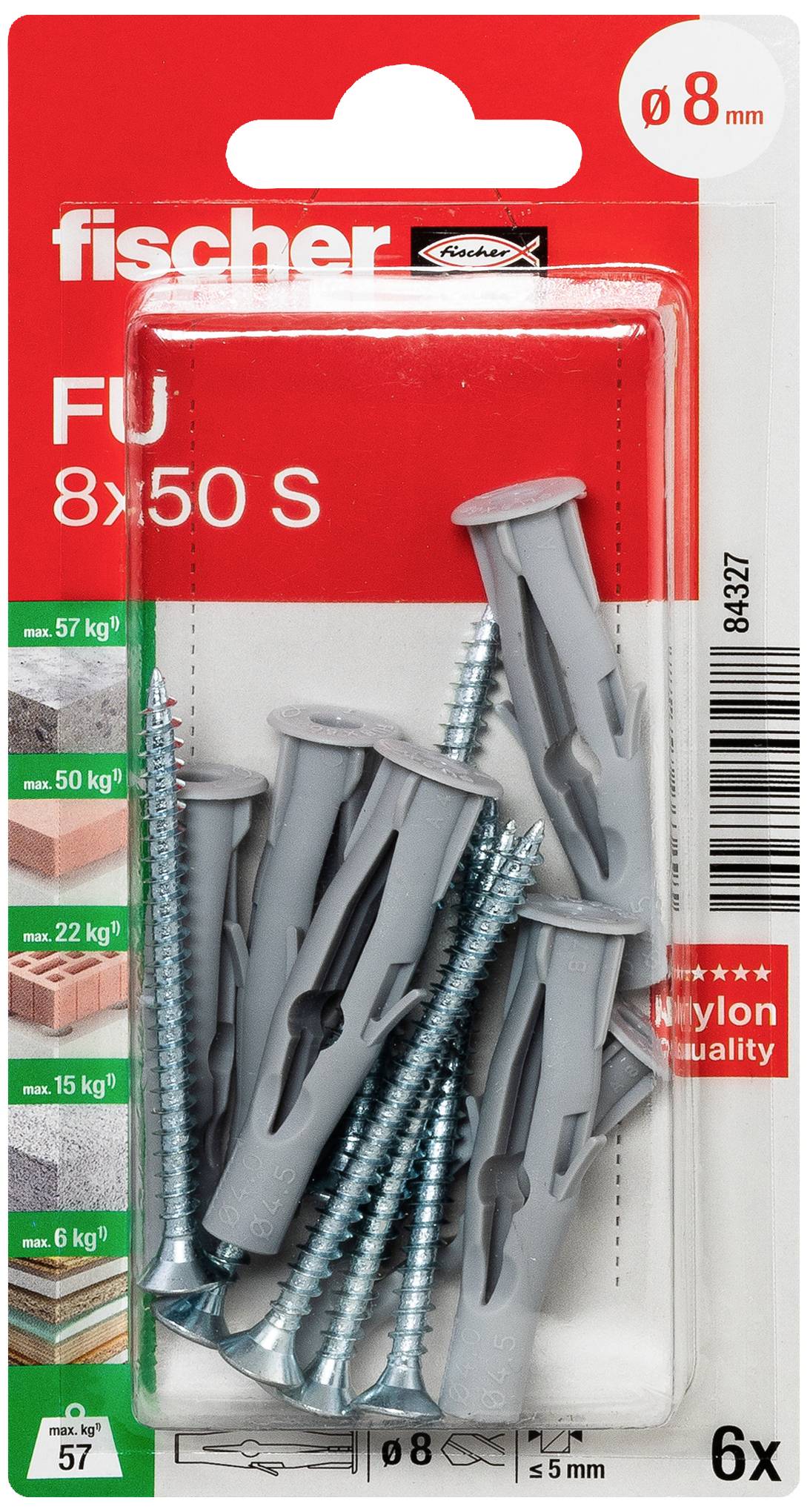 Balení hmoždinek a šroubů Fischer, model 'FU 8x50 S'. Vhodné pro zatížení až 75 kg v betonu, 57 kg v cihelném zdivu. Obsahuje 6 kusů.