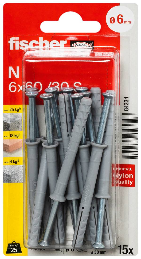 Fischer 084334 N 6 x 60/30 S K NV hřebíková hmoždinka 60 mm 6 mm 1 sada