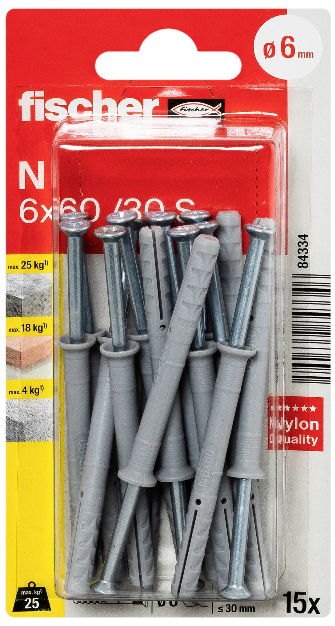 Balení obsahuje 15 šedých nylonových hmoždinek a šroubů značky Fischer, vhodných pro zatížení až do 25 kg.
