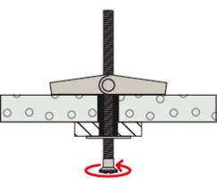 Nákres napínacího nástroje se šroubovým mechanismem, který se používá ke stažení dvou desek k sobě. Červený šipka ukazuje směr otáčení.