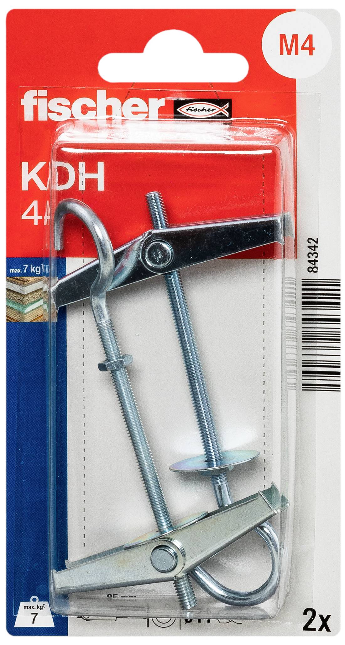 Sada kovových dutých hmoždinek Fischer, model M4, vhodná pro zatížení až 7 kg. Obal zobrazuje dva hmoždinky se šrouby.