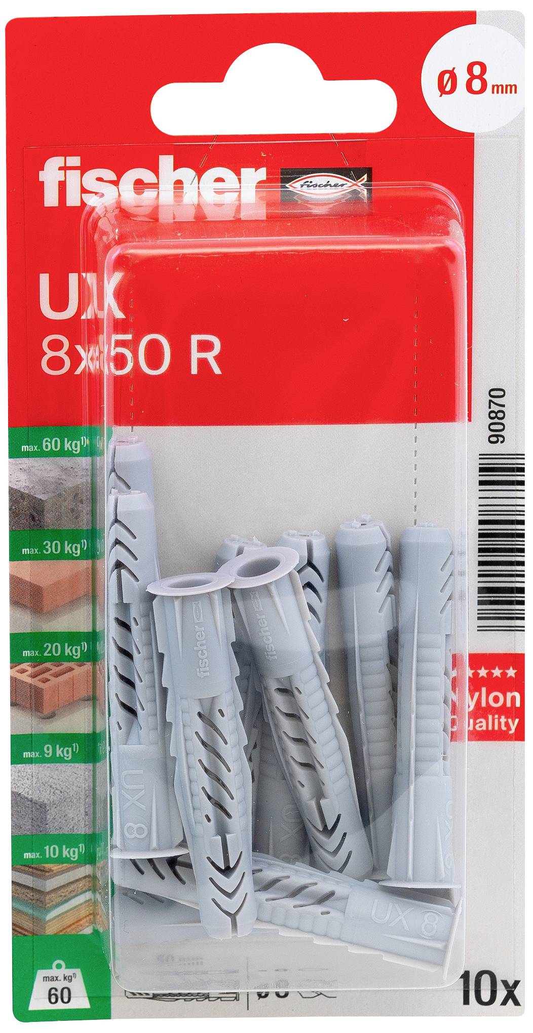 Fischer UX 8x50 R hmoždinka, 10 kusů, vhodná pro všechny stavební materiály, zatížitelnost až 60 kg na hmoždinku, Ø 8 mm.