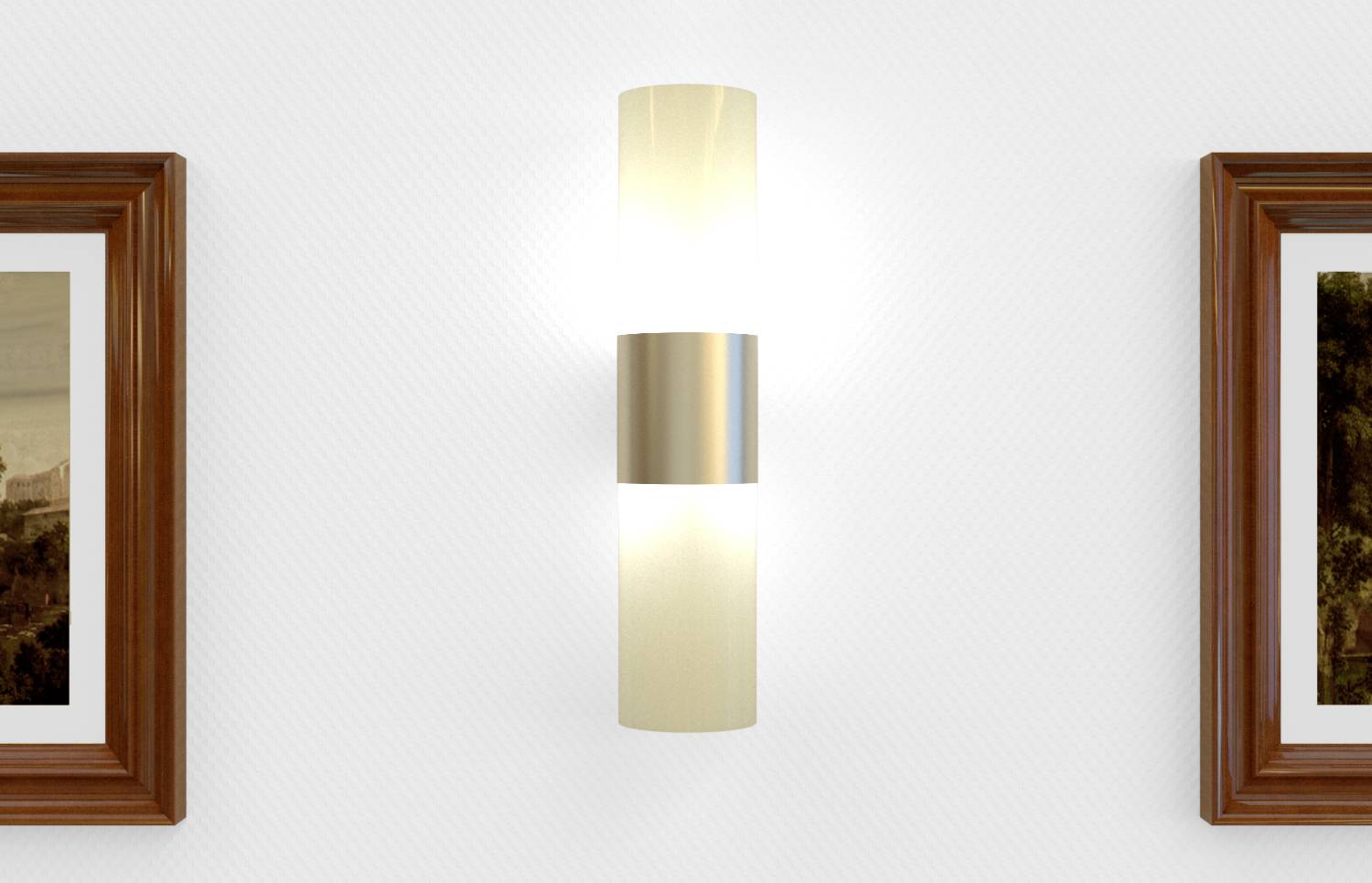 Nástěnná lampa s moderním, válcovitým designem umístěná mezi dvěma zarámovanými obrazy na bílé stěně.