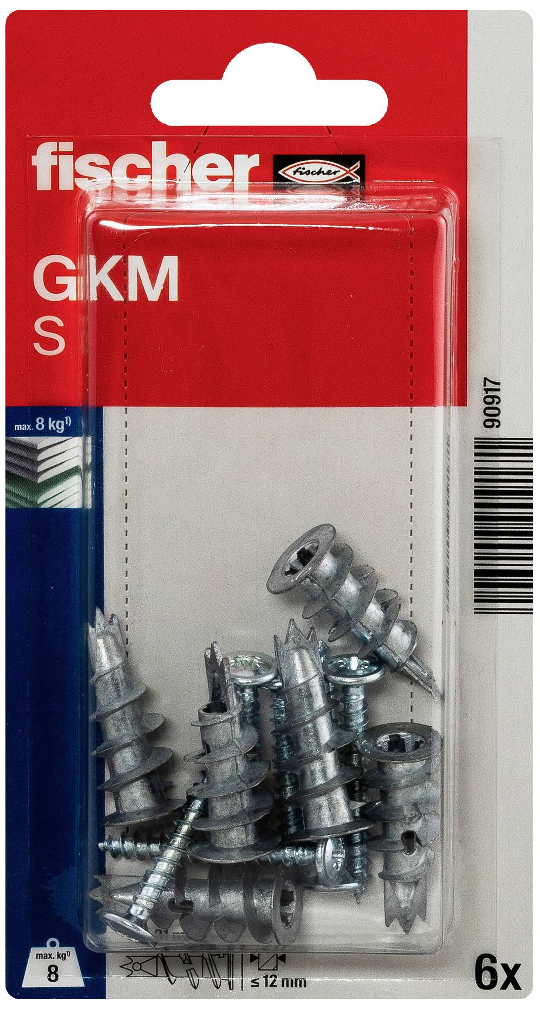 Balení obsahuje šest sádrokartonových hmoždinek Fischer typu GKM se šrouby v plastovém boxu. Obal zobrazuje značku a detaily produktu.