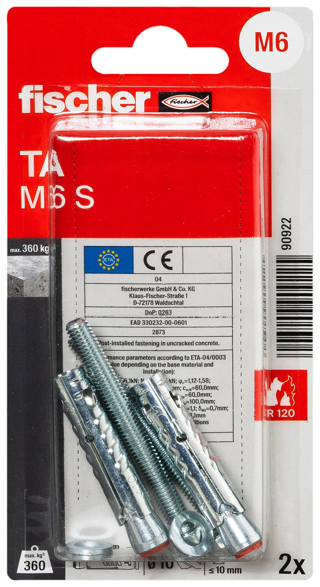 Balení kotevních šroubů Fischer TA M6 S, velikost M6, sada 2 kusy, nosnost 360 kg, v červeno-čiré maloobchodní krabici.