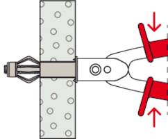 Diagram upevnění do zdi pomocí hmoždinky a šroubu, který ukazuje, jak se hmoždinka při utahování šrouby roztahuje proti stěně.