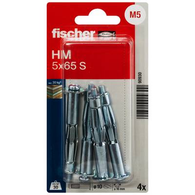 Balení čtyř kovových hmoždinků do dutých stěn Fischer HM, velikost M5 5x65 S, zobrazené v červeno-průhledném maloobchodním balení.