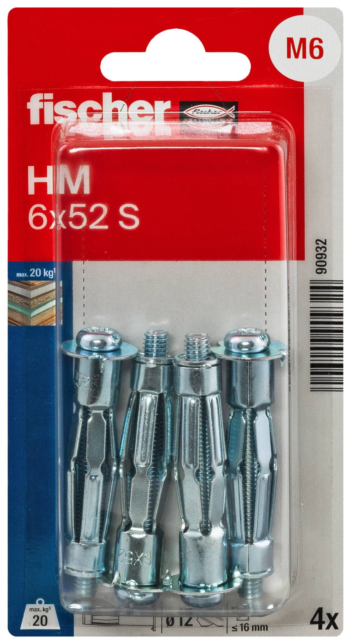 Balení kotev do dutých stěn Fischer HM 6x52 S M6, zobrazené jako 4 kovové kotvy v blistrovém balení.