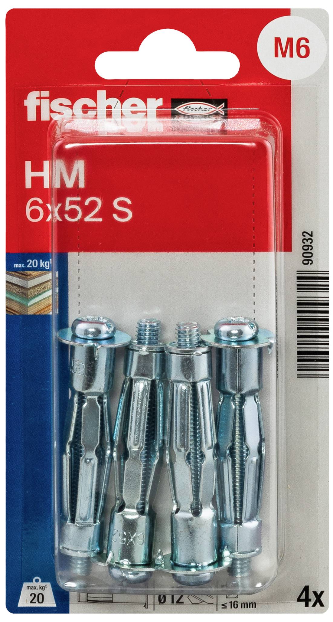 Balení obsahuje čtyři kovové dutinové hmoždinky značky 'fischer', model 'HM 6x52 S', vhodné pro zatížení až 20 kg.