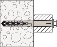 Grafika hmoždinky ve zdi. Hmoždinka je zajištěna šroubem a při zašroubování se rozpíná, aby poskytla spolehlivé uchycení.