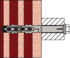 Schematické znázornění hmoždinky ve zdi, která se při utahování šroubu ukotvuje v dutině.