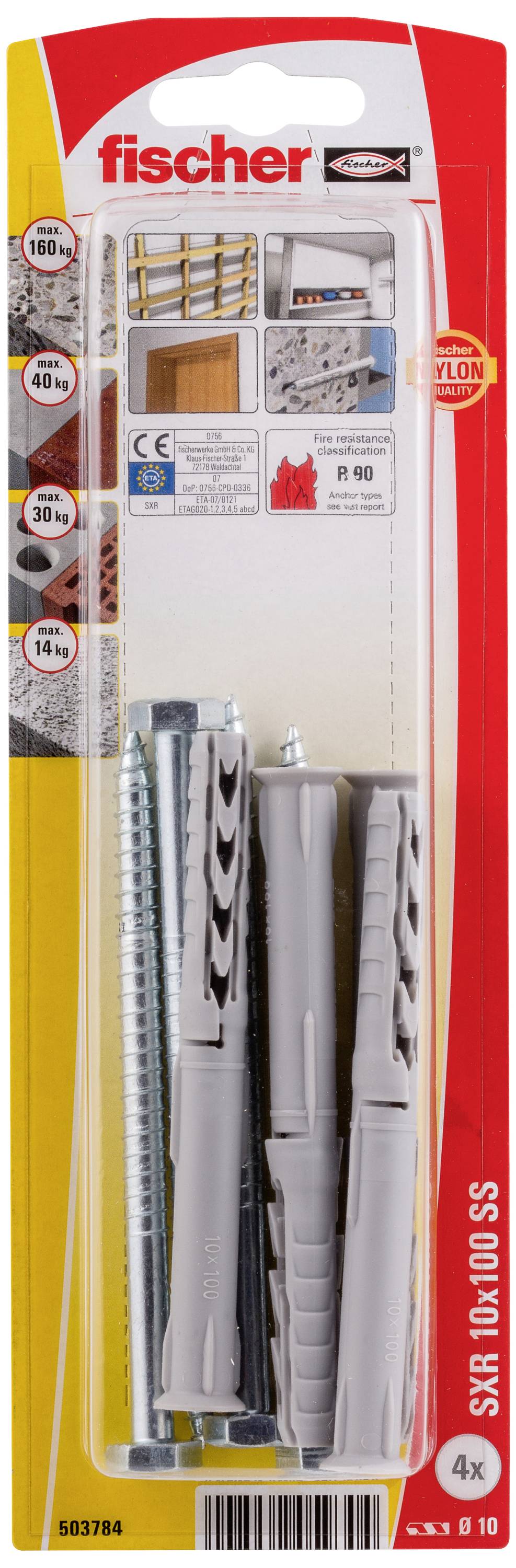 Čtyři šedé hmoždinky a odpovídající sadu šroubů od firmy Fischer, vhodné pro různé stavební materiály, s číslem artiklu 'SXR 10x100 SS'.