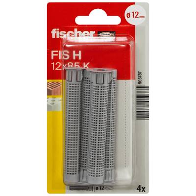 Balíček čtyř šedých nástěnných kotvicích prvků Fischer FIS H 12x85 K pro otvory 12 mm, zobrazeno v čiré plastové obálce.