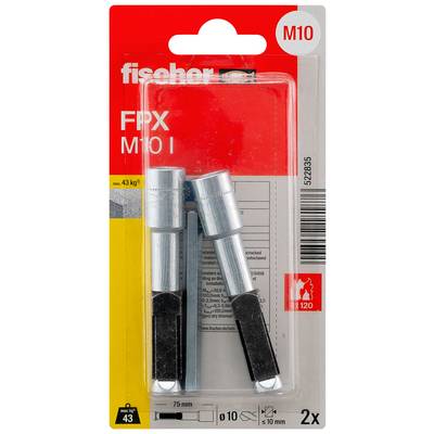 Balení dvou kovových kotev Fischer FFX M10 I, označeno M10, zatížení 43 kg, délka 75 mm, pro otvory o průměru 10 mm.