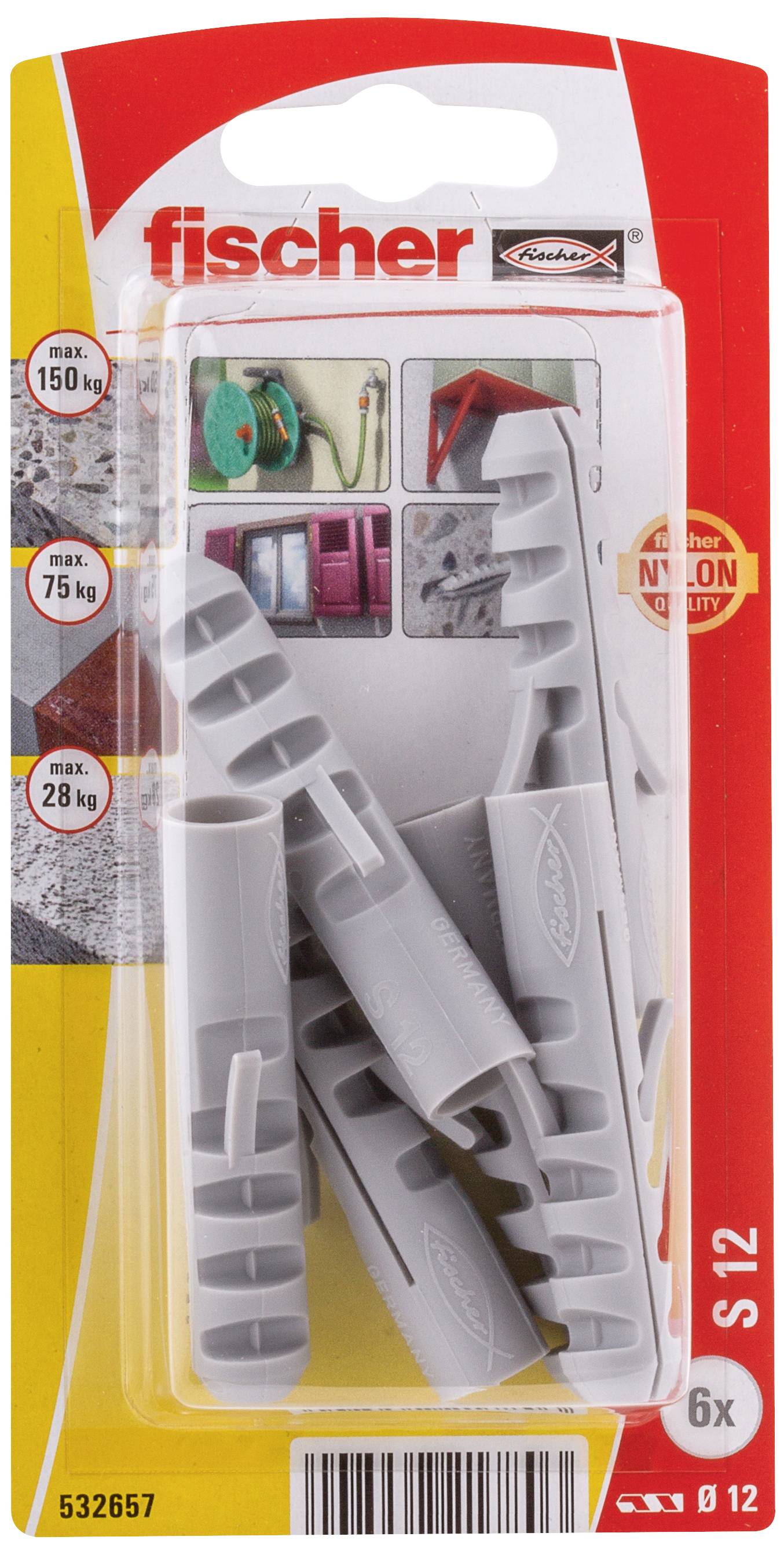 Balení šedých hmoždinek značky "fischer", model S12, vhodných pro zatížení až 150 kg. Obsahuje 6 kusů. Obal zobrazuje příklady použití.