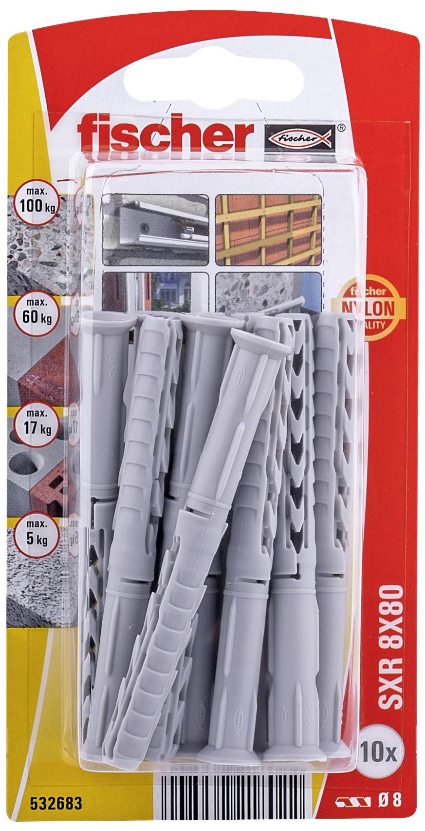 Balení Fischer SXR 8x80 Universal, zobrazuje šedé hmoždinky pro různé zátěže: 100 kg, 60 kg, 17 kg, 5 kg.