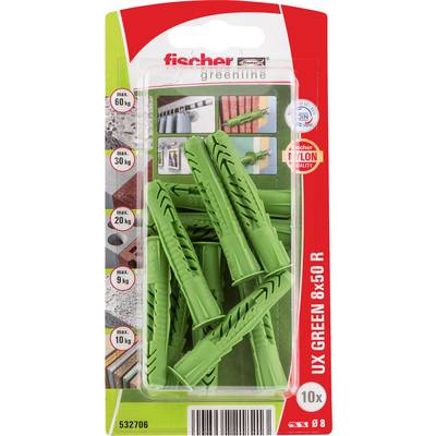 Balení zelených Fischer UX Green hmoždinek do zdiva, 10 kusů, pro montáž do zděně; štítek zobrazuje maximální nosnost a rozměry 8x50 mm.