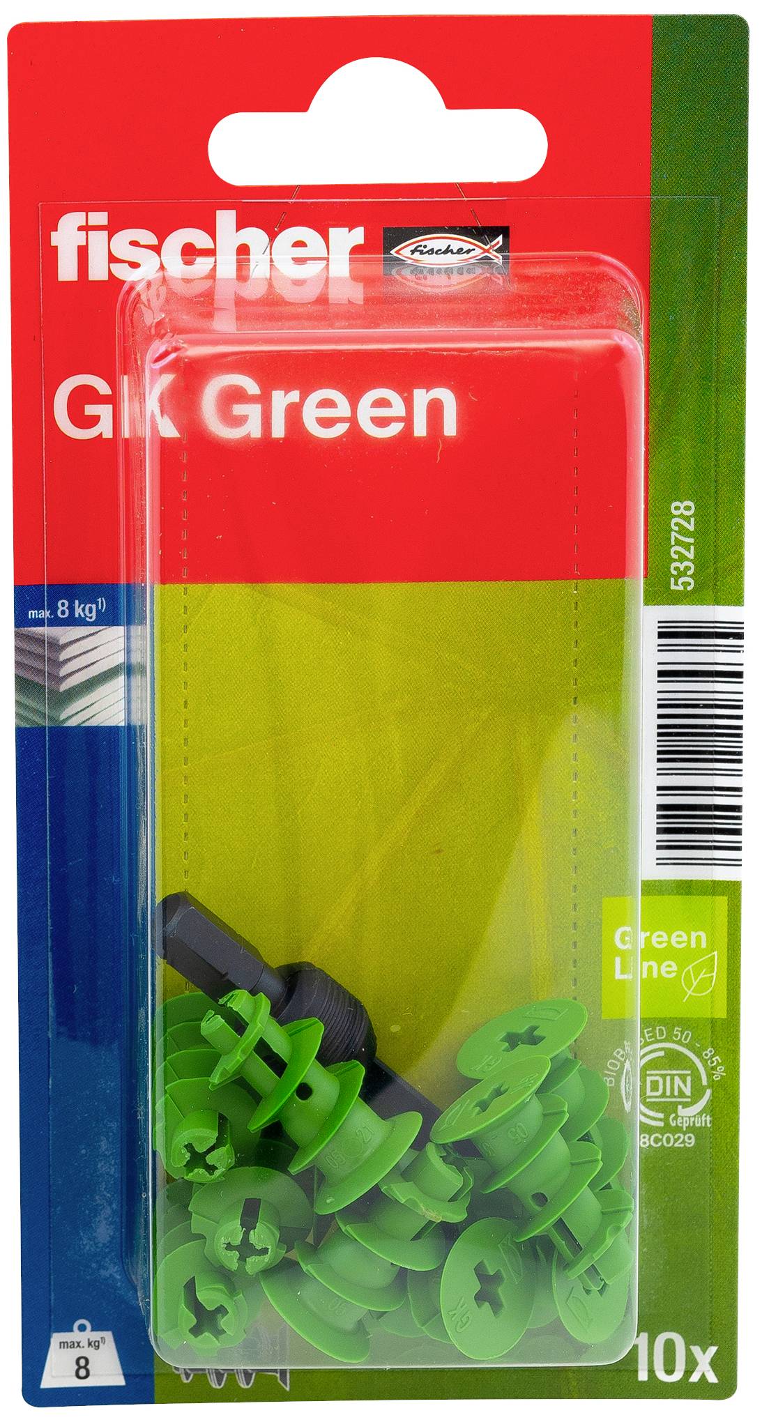 Balení zelených nylonových hmoždinek značky Fischer, model GK Green, určených pro upevnění do betonu. Balení obsahuje 10 kusů. Maximální nosnost: 8 kg.