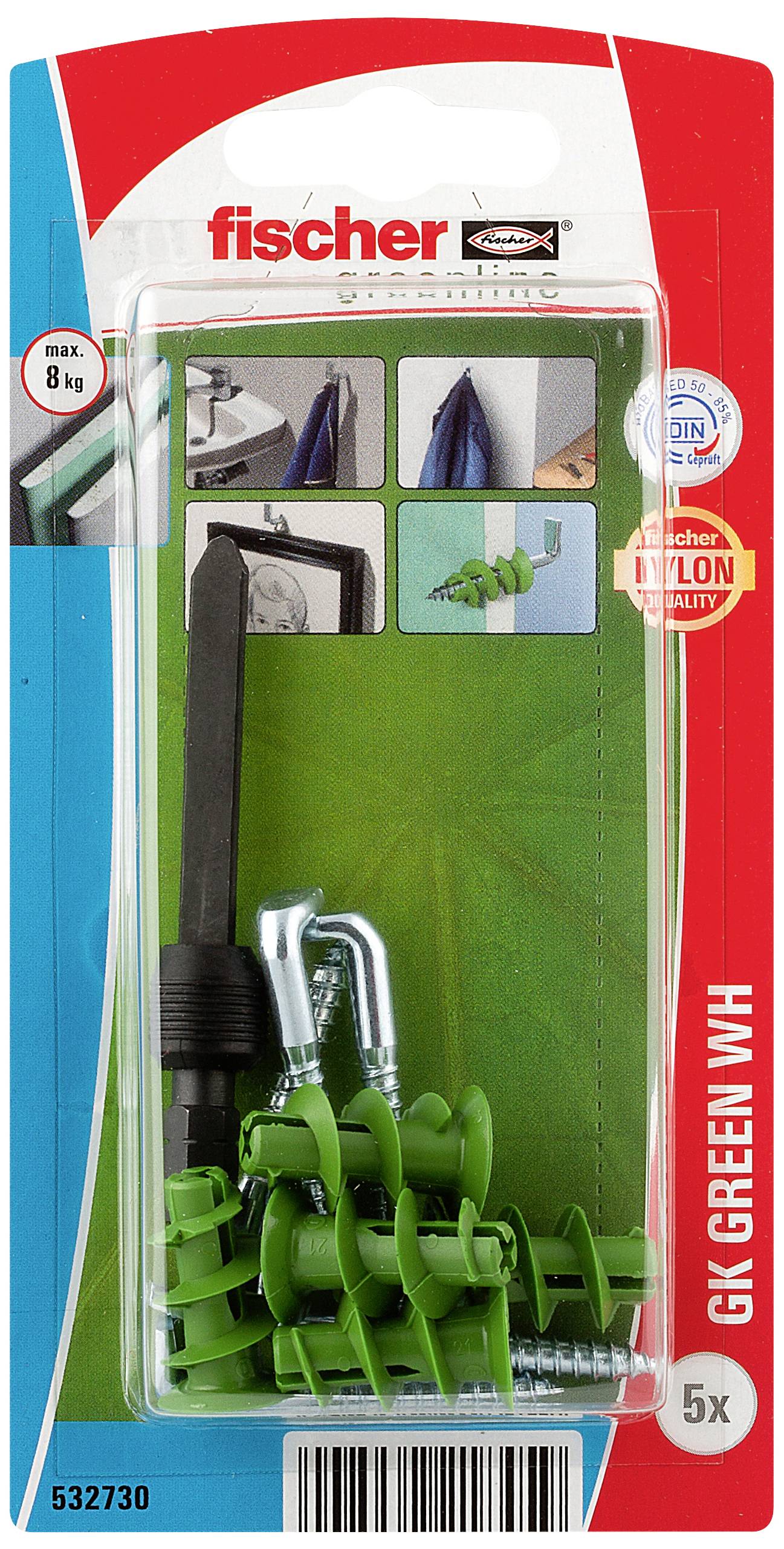 Obal pro sádrové hmoždinky Fischer GK Green WVH. Ukazuje maximální nosnost 8 kg a příklady použití pro montáž háků.