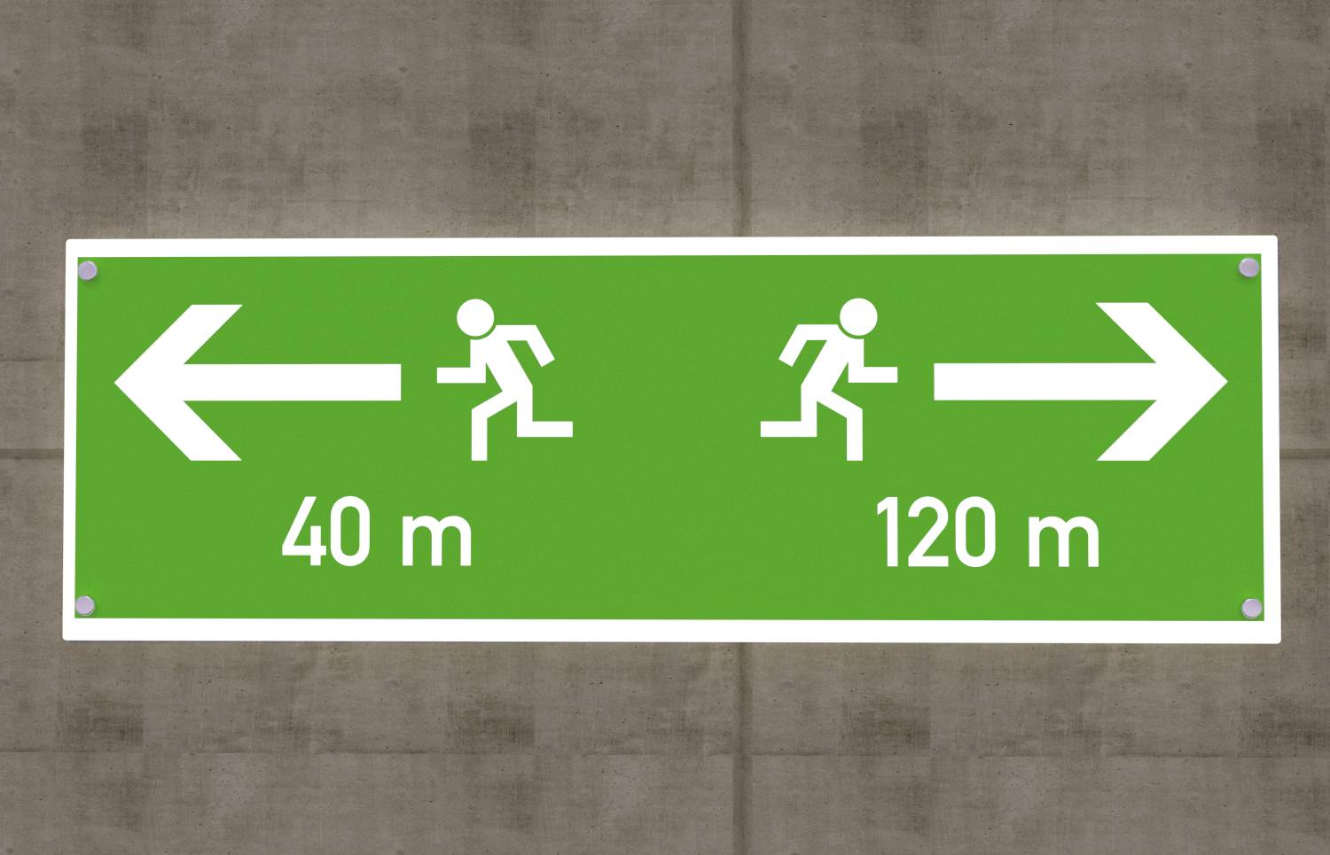 Zelená značka se dvěma šipkami: Vlevo ukazuje na '40 m', vpravo na '120 m', obě s běžícími symbolickými postavami.