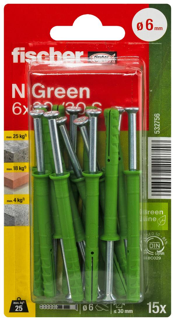 Fischer 532756 N Green 6 x 60/30 S K NV hřebíková hmoždinka 60 mm 6 mm 1 sada