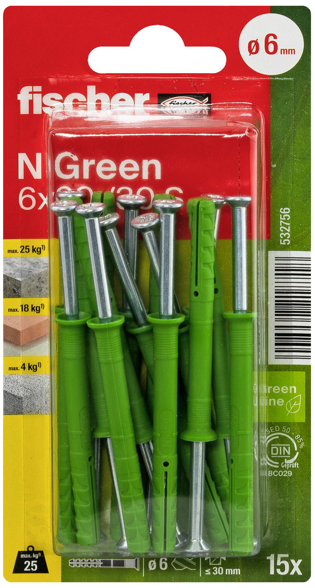 Balení zelených hmoždinek a šroubů. Nápis: 'fischer N Green', vhodné pro zatížení až 25 kg.